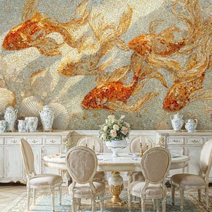 May include: A dining room scene featuring a mosaic wall mural of orange goldfish. The room includes a white oval dining table, six beige upholstered chairs, and a white buffet with decorative vases. A blue patterned rug completes the elegant setting.