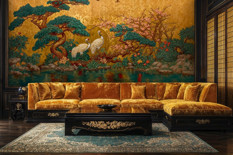 Japanese Gold Crane Chinoiserie Wallpaper: Asian Oriental Chinoiserie ...