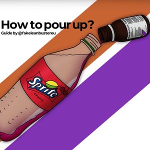 Puede incluir: Ilustración de una botella de Sprite Cherry con una botella de medicina marrón vertiendo en ella. La botella de Sprite es roja con el logo de Sprite y gráficos de cerezas. El texto dice "How to pour up?" y "Guide by @fakeleanbusteru".