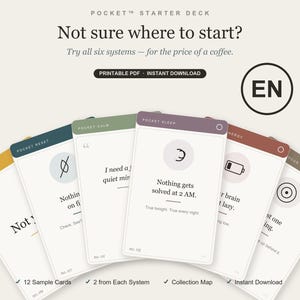 Könnte beinhalten: Ein Pocket Starter Deck Kartenset mit sechs Karten in verschiedenen Farben wie Gelb, Blaugrün, Grün, Violett, Rot und Braun. Die Karten zeigen Text und Symbole für Systeme wie Pocket Sleep und Pocket Calm. Der Text oben lautet Pocket Starter Deck, Not sure where to start? Try all six systems—for the price of a coffee. Printable PDF - Instant Download.