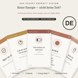 Op de afbeelding: Een set van 66 printbare kaarten getiteld Das Pocket Energy System. De kaarten hebben witte achtergronden met bruine koppen, minimalistische iconen en Duitse tekst, waaronder zinnen als Dein Gehirn ist nicht faul en Ruhe ist Wartung.
