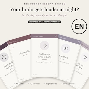 Könnte beinhalten: Das Pocket Sleep System als druckbares PDF besteht aus fünf weißen Karten mit dunkelvioletten Kopfzeilen, die Texte wie 'Your brain gets louder at night?', 'Not tonight.', 'Nothing gets solved at 2 AM.', 'In 4 - Out 6' und 'You can rest now.' enthalten.