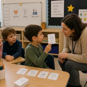 Könnte beinhalten: Eine Klassenzene mit einer Lehrerin und Schülern. Ein Junge hält eine Karte mit einer Zeichnung einer Tasse und dem Wort "drink". Weitere Karten mit einfachen Illustrationen liegen auf dem Tisch. Das Klassenzimmer hat eine Tafel mit Regeln und einem Stern.
