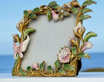 Picture Frame Vintage Jeweled Enamel Floral Butterfly Lily Rhinestone Gold Tone