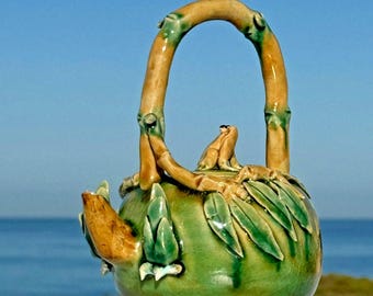 ティーポット ヴィンテージ カエル 竹製ハンドル グリーン アート陶器 ケトル 海岸風ガーデン装飾