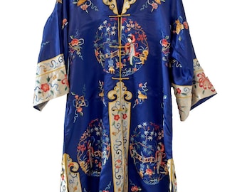 Antique Vintage Chinese Blue Silk Hand Embroidered Robe Scenes Floral Designs L