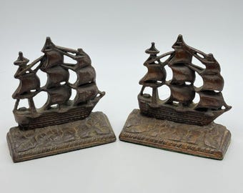 Sujetalibros antiguos de hierro fundido con forma de clipper, par de veleros náuticos