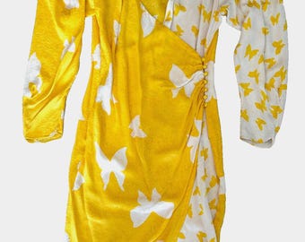 Flora Kung 100% Silk Wrap Dress Yellow Butterfly Jacquard Ruched Size 10 VTG Y2K