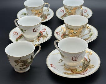 Vintage Victoria China Dragon Demitasse Set 5 Cups Saucers Gold Hand Painted