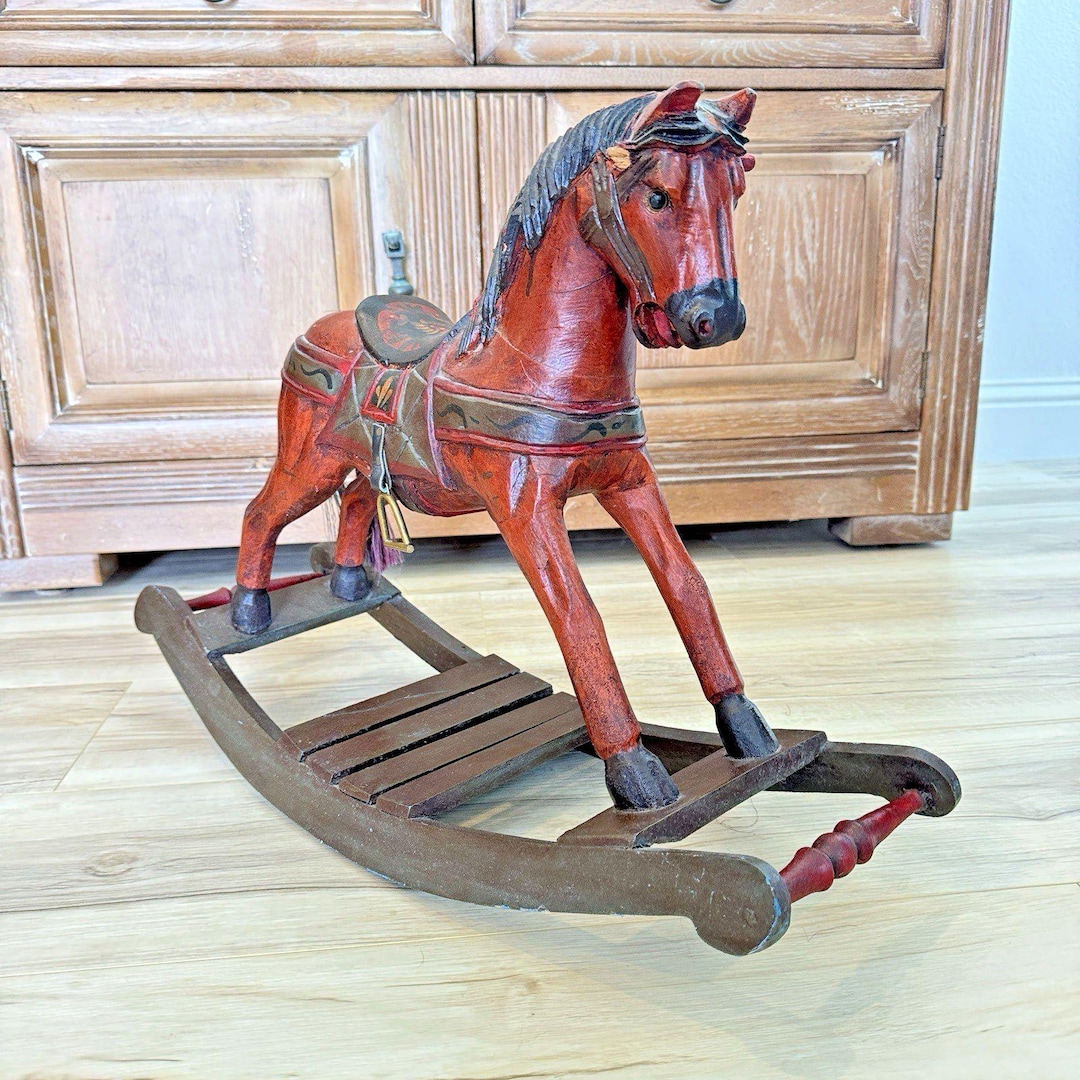 Vintage Wooden Rocking Horse Folk Art Rustic Western Farmhouse Decor ...