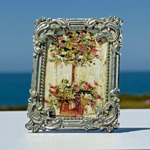 Firmato Mary DeFranco Miniatura Arte Floreale Topiaria Cornice d'Argento Decorata Vintage