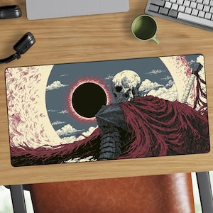 May include: A rectangular mousepad featuring a detailed illustration of a skull-faced figure with a red cape, set against a backdrop of a dark eclipse and a celestial body. The artwork is in shades of red, black, and white.