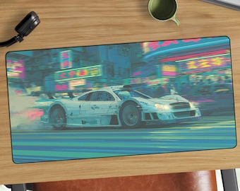 Tappetino da scrivania Cyberpunk CLK GTR / Tappetino per mouse Neon City Retro Mercedes