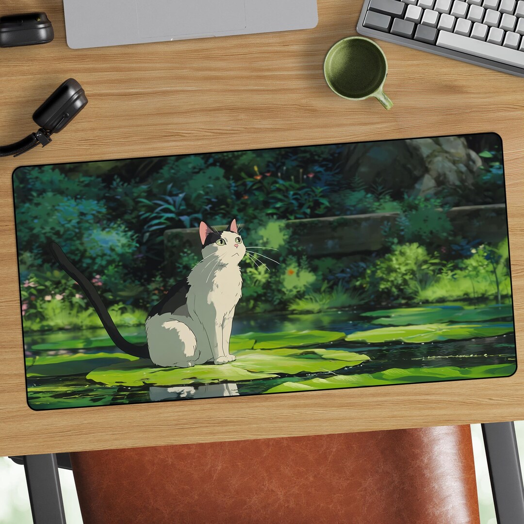 Retro Anime Style Cat Desk Mat | Calico on Lily Pad Illustration - Etsy