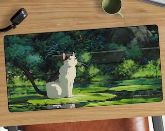 Tappetino da scrivania con gatto in stile anime retrò / Illustrazione di un gatto calico su una ninfea