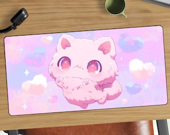 Tappetino da scrivania rosa soffice a forma di gatto / Tappetino per mouse con gattino in stile anime kawaii