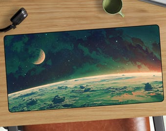 Tappetino da scrivania con orizzonte dei pianeti celesti / Tappetino per mouse cosmico a tema spazio profondo