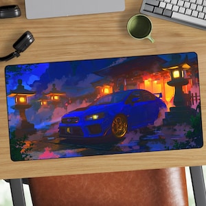 Blue Subaru WRX at Neon Shrine Desk Mat | Racing Car Mousepad
