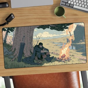 May include: A rectangular mousepad featuring an illustration of a character from the anime series Berserk. The character is seated under a tree with a large sword, a campfire, and a landscape background. The color palette includes shades of blue, green, and brown.