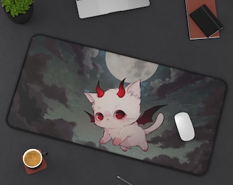 Tappetino da scrivania con gatto demoniaco / Tappetino per mouse con gattino gotico kawaii al chiaro di luna