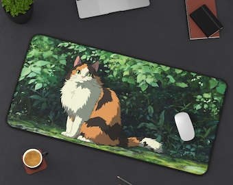 Tappetino per scrivania anime con gatto calico / Tappetino per mouse con gattino pezzato nella foresta giapponese