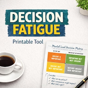 Puede incluir: Una taza de café blanco con café oscuro se encuentra sobre un platillo junto a una herramienta impresa "Mental Load Decision Matrix". La herramienta es una guía imprimible para gestionar la fatiga de decisiones, con el título "DECISION FATIGUE".