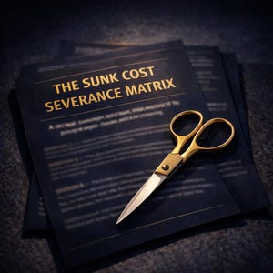Könnte beinhalten: Eine goldfarbene Schere liegt auf einem Stapel dunkelblauer Dokumente. Die Dokumente tragen den goldenen Text "THE SUNK COST SEVERANCE MATRIX". Die Schere hat eine glänzende Goldoberfläche und scharfe Klingen.