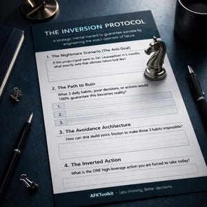 Puede incluir: Un documento titulado "THE INVERSION PROTOCOL" con texto y líneas rellenables. Una pieza de ajedrez de caballero plateada está sobre el documento. También se ven un bolígrafo negro, un cuaderno y un pequeño objeto dorado.