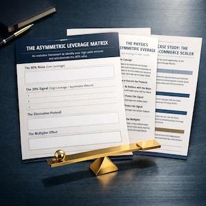 Puede incluir: Imagen de naturaleza muerta con tres hojas de papel blanco con texto, incluyendo "THE ASYMMETRIC LEVERAGE MATRIX". Una balanza dorada está en primer plano. Un cuaderno negro y un bolígrafo están en el fondo.