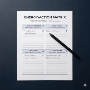 Può includere: Un foglio di lavoro bianco con una matrice energia-azione e una penna nera. Il foglio di lavoro è diviso in quattro sezioni, ciascuna etichettata con un titolo e una descrizione dei livelli di energia e impatto. Il testo "ENERGY-ACTION MATRIX" è in alto.