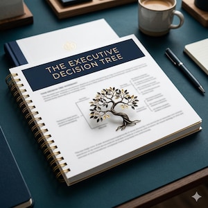 Può includere: Un quaderno a spirale con il titolo "THE EXECUTIVE DECISION TREE" in lettere dorate. Una spilla decorativa a forma di albero con foglie nere e dorate è appoggiata sulla pagina aperta. Sono visibili anche una tazza di caffè e una penna.