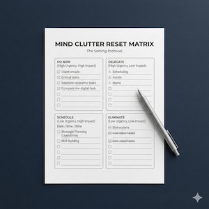 May include: A white paper titled "MIND CLUTTER RESET MATRIX" with a silver pen resting on it. The matrix is divided into four sections: DO NOW, DELEGATE, SCHEDULE, and ELIMINATE, each with checklists for task management.