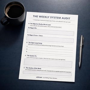 Könnte beinhalten: Ein schwarzer Kaffeebecher und ein silberner Stift liegen auf einer dunkelblauen Oberfläche neben einem gedruckten Dokument mit dem Titel "THE WEEKLY SYSTEM AUDIT". Das Dokument enthält Abschnitte für Reflexion und Planung.