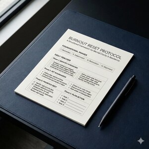 May include: A white paper titled "BURNOUT RESET PROTOCOL" with a black pen on a dark blue surface. The paper outlines a structured framework for mental clarity and resilience, with sections for daily tracking and foundational phases.