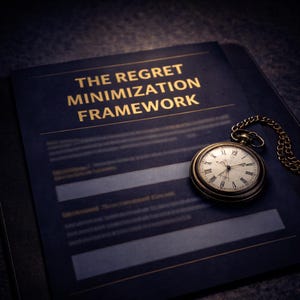Op de afbeelding: Een donkerblauw boek met de titel "THE REGRET MINIMIZATION FRAMEWORK" in gouden letters. Een vintage zakhorloge met een gouden ketting ligt op het boek. Het horloge heeft een witte wijzerplaat met zwarte Romeinse cijfers.