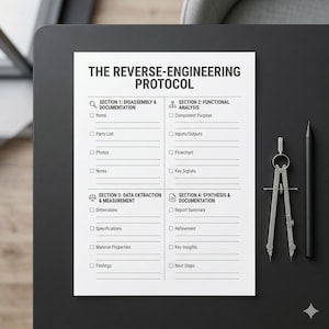 May include: A white sheet titled "The Reverse-Engineering Protocol" with sections for disassembly, functional analysis, data extraction, and synthesis. A compass and pencil are on the right side of the sheet.