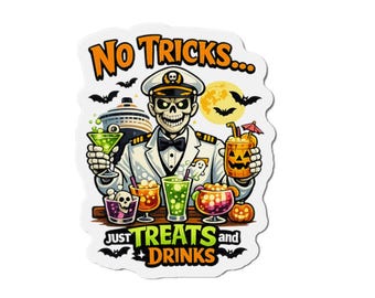 No Tricks Just Treats and Drinks Die-Cut Magnet | Halloween Skeleton Captain