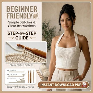 May include: A woman wearing a cream-colored crochet halter top and tan pants. The image includes a crochet guide with the text "BEGINNER FRIENDLY", "Simple Stitches & Clear Instructions", and "STEP-by-STEP GUIDE". Also shown are crochet hooks, yarn, and the text "INSTANT DOWNLOAD PDF".