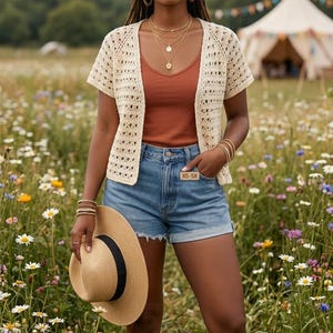 May include: A woman wearing a cream-colored crochet cardigan over a rust-colored tank top and denim shorts. She is holding a straw hat with a black band. The background is a field of wildflowers.