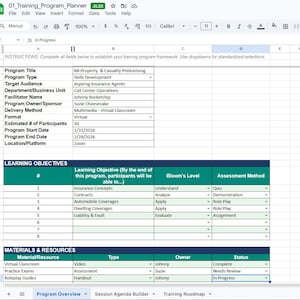 May include: A screenshot of an Excel spreadsheet titled "01_Training_Program_Planner." The spreadsheet details a training program with sections for program title, type, target audience, learning objectives, and materials. The spreadsheet includes the text "In Progress."