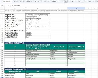 トレーニングプログラムプランナーテンプレート（Excel）｜セッションアジェンダビルダー｜ブルームのタクソノミー｜学習目標｜ファシリテーターチェックリスト