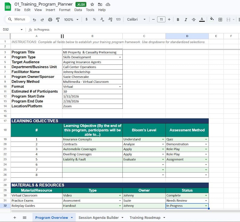 K&ouml;nnte beinhalten: Ein Screenshot einer Excel-Tabelle mit dem Titel "01_Training_Program_Planner". Die Tabelle enth&auml;lt Details zu einem Schulungsprogramm mit Abschnitten f&uuml;r Programmtitel, Typ, Zielgruppe, Lernziele und Materialien. Der Text "In Bearbeitung" ist enthalten.