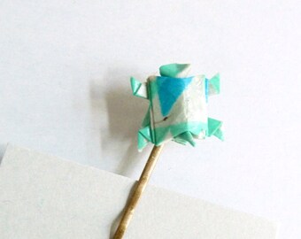 Barrette en Origami Tortue turquoise, bleue givrée et grise / en papier japonais plié verni / barrette en métal cuivré / cadeau fait main