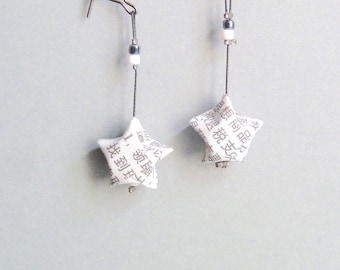 Black and white paper Star Origami earrings  / in folded paper / available with ear clips / handmade gift for her