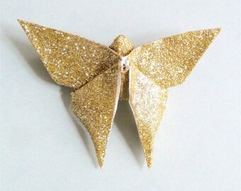 Golden Glitter Butterfly Origami brooch / in folded Japanese paper / handmade Gift for her