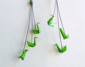 Green Triple Swan Origami Earrings, in folded paper, available with clips