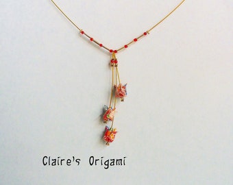 Collier en Origami Grue sauvage, fleurs de lotus rouges, blanches et dorées