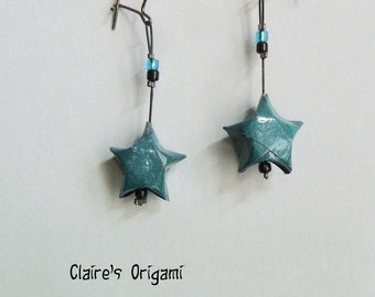 Pendientes de origami estrella azul pato / en papel doblado barnizado / disponible con clips / hechos a mano
