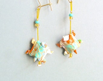 Turquoise, pumpkin orange, beige and gold Turtle Origami Earrings / in folded paper varnished / available with clips / unique item