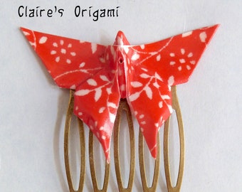 Red and white Hair Comb Origami Butterfly / in folded Gift Paper / in copper metal / handmade gift for her